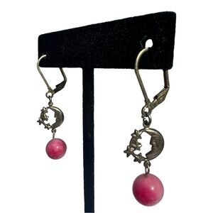 VINTAGE Celestial Crescent Moon & Rhodochrosite Dangle Earrings